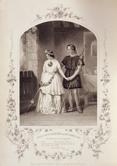 La Srta. Jenny Marston como Perdita y el Sr. F. Robinson como Florizel, Acto IV Escena 3, en El Cuento de Invierno de William Shakespeare (1564-1616) grabado por Thomas Sherratt (fl.1860-80) de un daguerrotipo de Pa de English School