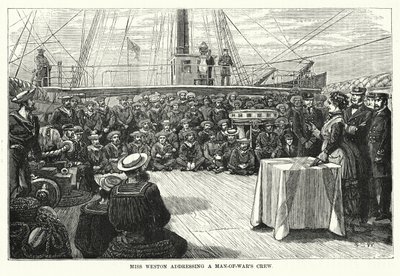 La señorita Weston dirigiéndose a la tripulación de un barco de guerra (grabado) de English School