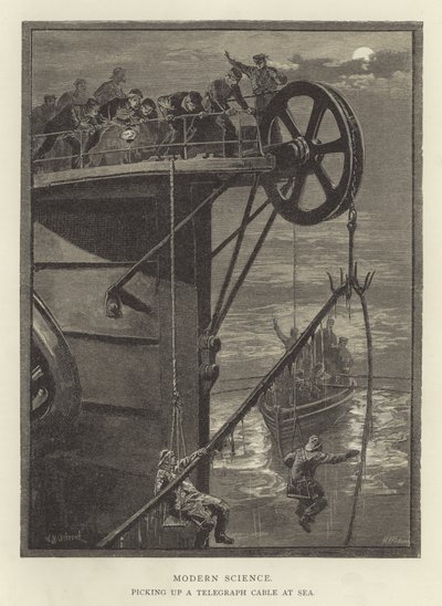 Ciencia moderna, recogiendo un cable telegráfico en el mar de English School