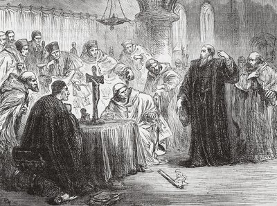 Mollio arrojando su antorcha ante la Inquisición, ilustración de La Historia del Protestantismo de James Aitken Wylie, pub. 1878 de English School