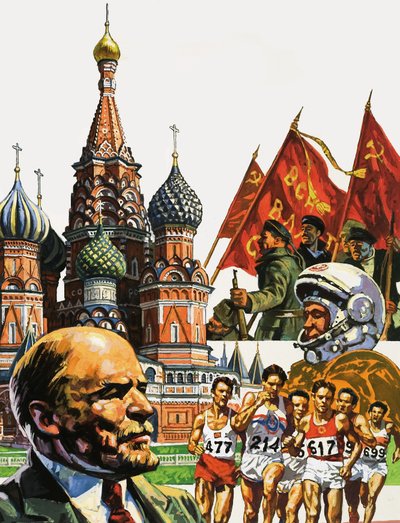 Montaje de Rusia incluyendo la Catedral de San Basilio el Bendito y retrato de Lenin de English School