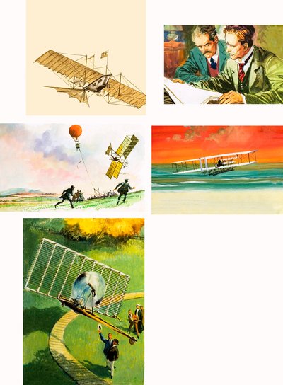 Montaje de los primeros vuelos incluyendo a los hermanos Wright de English School