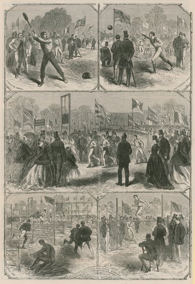 Montaje de ilustraciones relacionadas con los Deportes Atléticos del University College y el Servicio Civil de English School