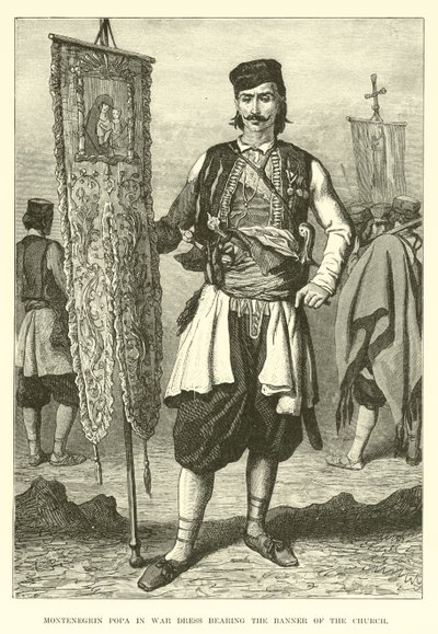 Popa montenegrino en traje de guerra portando el estandarte de la iglesia de English School