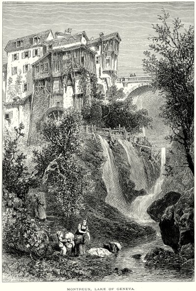 Montreux, Lago de Ginebra (grabado) de English School