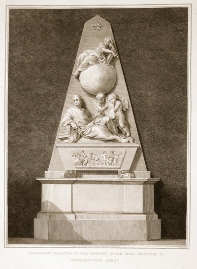 Monumento erigido en memoria de Sir Isaac Newton en la Abadía de Westminster, ilustración de La Historia de Inglaterra de David Hume, pub. por R. Bowyer, Londres, 1812 de English School