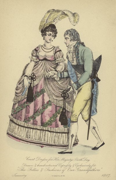 Vestido de mañana para damas y caballeros (grabado en color) de English School