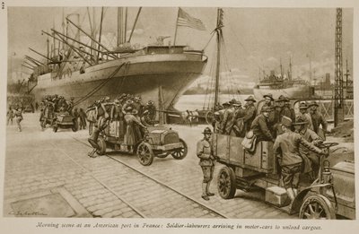 Escena matutina en un puerto americano en Francia: Soldados trabajadores llegando en automóviles para descargar cargamentos de English School