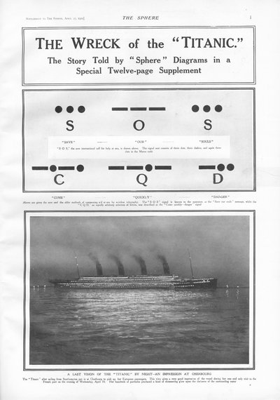 Señales de código Morse e ilustración del barco de vapor atracado en Cherburgo por la noche, de The Sphere, 27 de abril de 1912 de English School