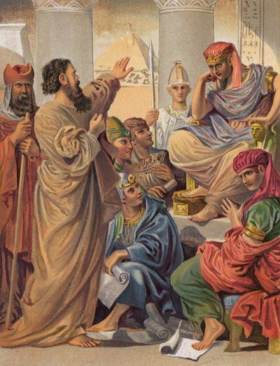 Moisés y Aarón ante Faraón, Éxodo, VII (litografia en color) de English School