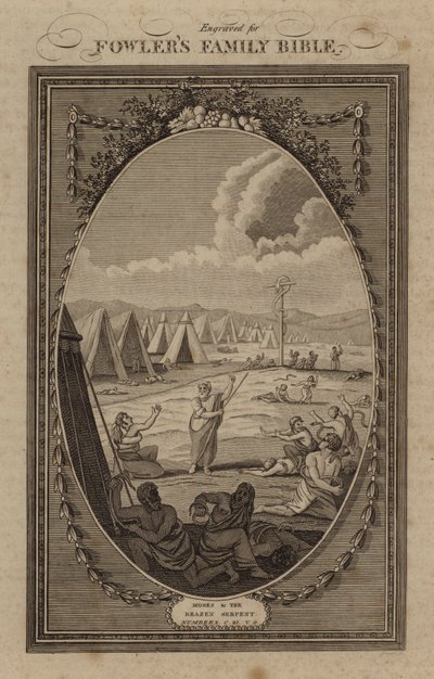 Moisés y la serpiente de bronce, Números, capítulo 21, versículo 9 (grabado) de English School