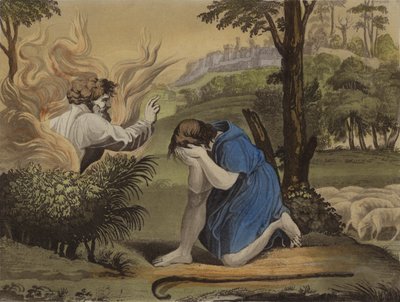 Moisés y la zarza ardiente (litografia en color) de English School