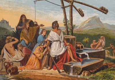 Moisés salva a las hijas de Jetro (litografía en color) de English School