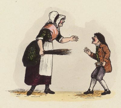 Madre, o maestra de escuela, disciplinando a un niño con un libro de cuerno (grabado coloreado) de English School