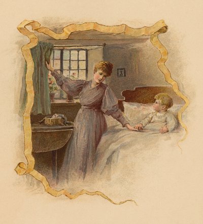 Madre despertando a su hijo por la mañana (cromolito) de English School