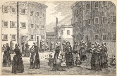 Madres, con sus hijos, ejercitándose en la prisión de Tothill Fields, ilustración de Las prisiones criminales de Londres y escenas de la vida en prisión de Henry Mayhew y John Binny, pub. 1862 de English School
