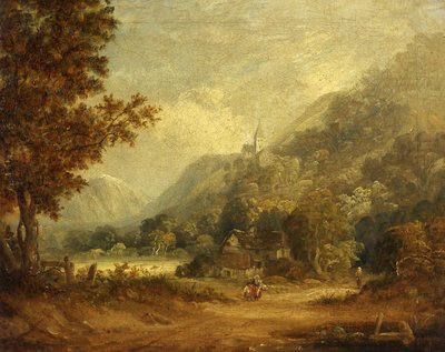 Escena de montaña con iglesia y granja de English School