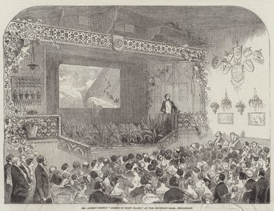 El "Ascenso al Mont Blanc" del Sr. Albert Smith, en el Salón Egipcio, Piccadilly (grabado) de English School