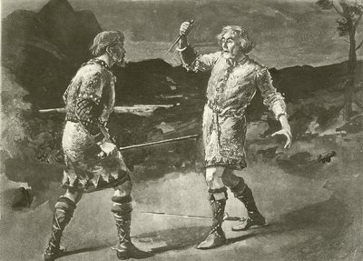 El Sr. Alexander como Macduff y el Sr. Irving como Macbeth (grabado) de English School