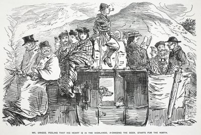 El Sr. Briggs, sintiendo que su corazón está en las Tierras Altas, persiguiendo al ciervo, parte hacia el Norte, ilustración de Punch de English School