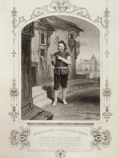 El Sr. Buckstone como Lancelot Gobbo, Acto II Escena 2, en El Mercader de Venecia de William Shakespeare (1564-1616) de English School