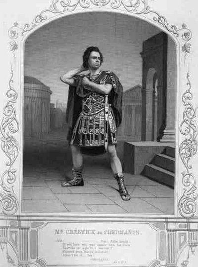 Sr. Creswick como Coriolano, Acto V Escena 5, en la obra de William Shakespeare (1564-1616) (grabado) de English School