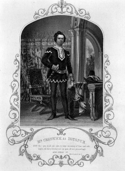 Sr. Creswick como Hotspur, Acto II Escena 3 de Enrique IV (Parte I) de un daguerrotipo de Paine de Islington, pub. por John Tallis & Co. (litografía) de English School