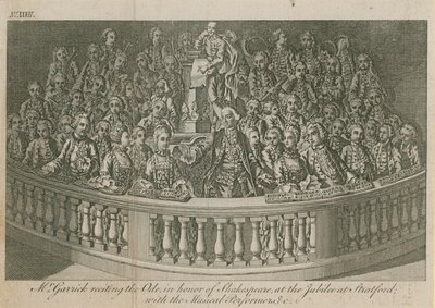 Mr David Garrick recitando la Oda, en honor a William Shakespeare en el jubileo en Stratford de English School