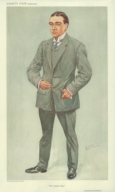 Mr Ernest Shackleton, El Polo Sur, 6 de octubre de 1909, caricatura de Vanity Fair de English School