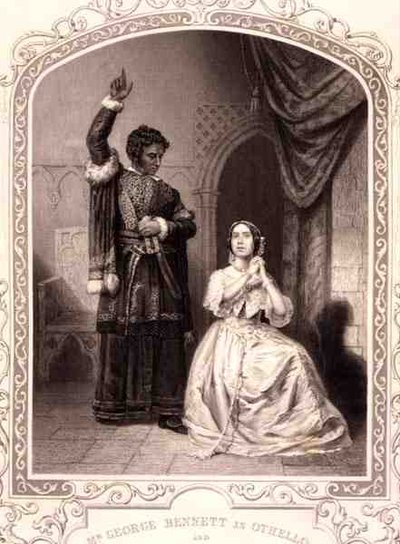 Mr George Bennett como Otelo y Mrs Jane Bennett como Desdémona, Acto IV Escena 2, en Otelo de William Shakespeare de English School