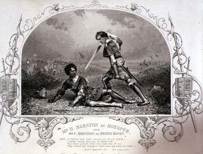 Sr. H. Marston como Hotspur y Sr. F. Robinson como Príncipe Enrique, Acto V Escena 4 de Enrique IV (Parte I) de un daguerrotipo de Paine de Islington, pub. por John Tallis & Co. (litografía) de English School