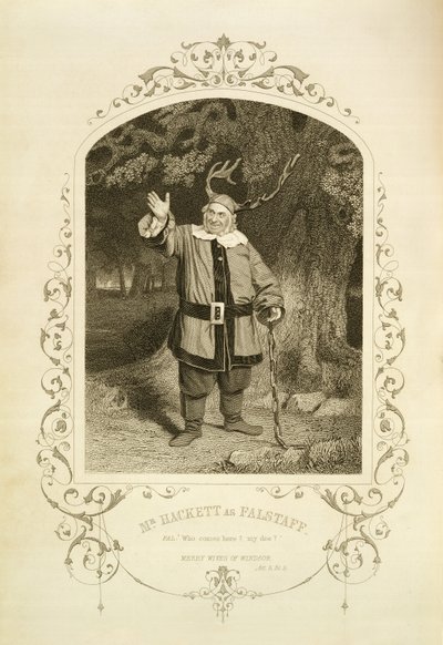 El Sr. Hackett como Falstaff, Acto V Escena 5, en Las Alegres Comadres de Windsor de William Shakespeare (1564-1616) grabado por George Hollis (1792-1842) de un daguerrotipo de J.P. Mayall (1810-1901) (grabado) de English School