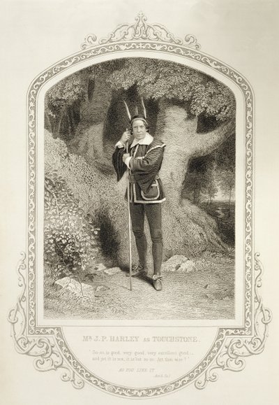 El Sr. J.P. Harley como Touchstone, Acto V Escena 1, en Como Gustéis de William Shakespeare (1564-1616) grabado por George Hollis (1792-1842) de un daguerrotipo de J.P. Mayall (1810-1901) de English School