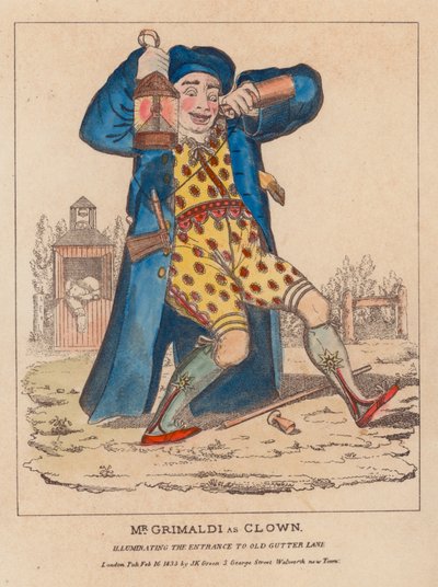 Mr Joseph Grimaldi como Payaso, iluminando la entrada a Old Gutter Lane de English School