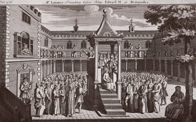 El Sr. Latimer predicando ante el Rey Eduardo VI en Westminster, ilustración de Mártires de Fox c.1703 de English School