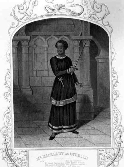 El Sr. Macready como Otelo, Acto II Escena 3, en la obra de William Shakespeare (grabado) de English School