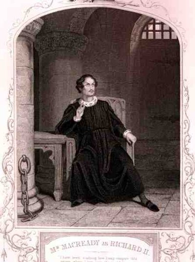Sr. Macready como Ricardo II, Acto V Escena 5, en la obra de William Shakespeare de English School
