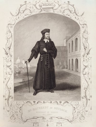 El Sr. Macready como Shylock, Acto I Escena 3, en El Mercader de Venecia de William Shakespeare (1564-1616) de English School