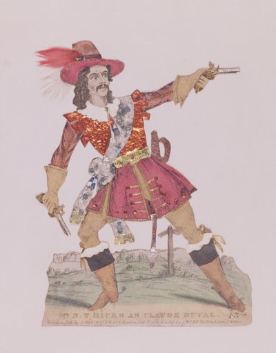 El Sr. N.T. Hicks en la apariencia del bandido francés Claude Duval (1643-70) (grabado y collage) de English School