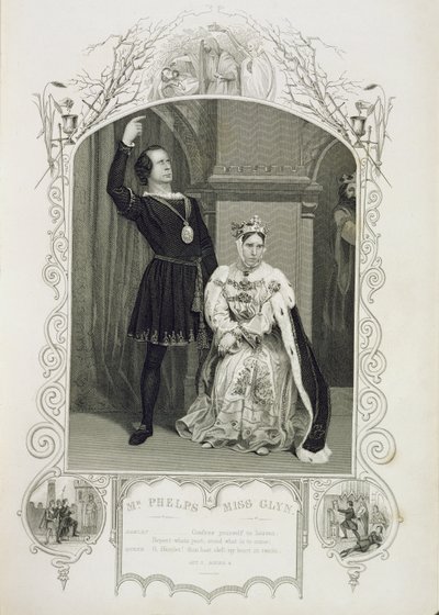 El Sr. Phelps como Hamlet y la Srta. Glyn como la Reina Gertrudis, Acto III Escena 4, en Hamlet de William Shakespeare (1564-1616) de English School