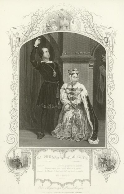 Sr. Phelps como Hamlet y Srta. Glyn como Reina, Hamlet, Acto III, escena IV de English School