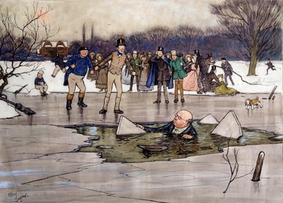Mr. Pickwick on the ice Ilustración de la obra de Charles Dickens (1812-1870) de la escuela inglesa. 1837 Colección privada de English School