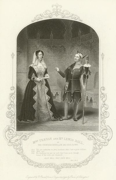 Sra. Ternan y Sr. Lewis Ball como la Condesa Rousillon y su bufón, Todo bien si acaba bien, Acto I, escena iii de English School