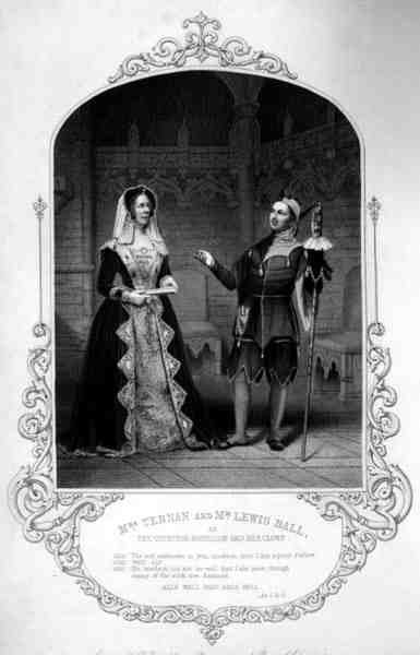 Mrs Ternan como la Condesa Roussillon y Mr Lewis Ball como su Bufón, Acto I Escena 3, en Todo Está Bien Si Termina Bien, de William Shakespeare de English School