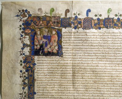 Inicial historiada R que representa a canónigos menores de la Catedral de San Pablo, detalle de la Carta Real de Incorporación de English School