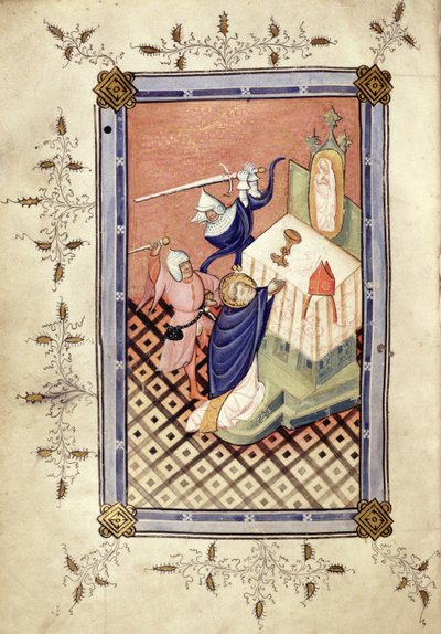 Ms.49 f.18v San Tomás de Canterbury (c.1118-70) siendo Atacado por Dos Caballeros, Horae, c.1420-30 de English School