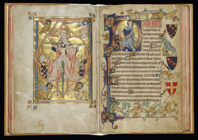 Ms 242 ff.28v-29r La Trinidad y el Trono de la Misericordia en una inicial historiada D, del Packham-Clifford Hours, Uso de Sarum, c.1314-31 de English School