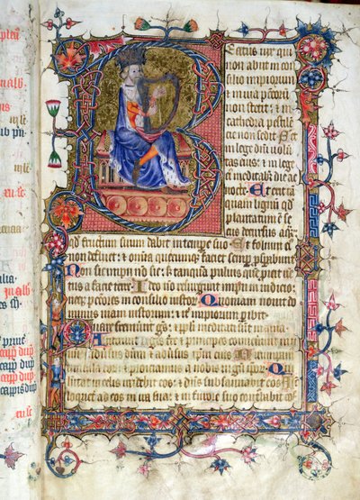 Salmo 1, David tocando el arpa, del Salterio de la Abadía de Ramsey, c.1380 de English School
