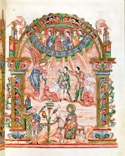 Ms 274 (Y-6) fol.33 La Anunciación a los Pastores y la Huida a Egipto, del Misal de Roberto de Jumieges, c.1016 de English School