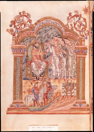 Ms 274 (Y-6) fol.36v Los Magos visitando al Rey Herodes, del Misal de Robert de Jumièges, c.1016 de English School